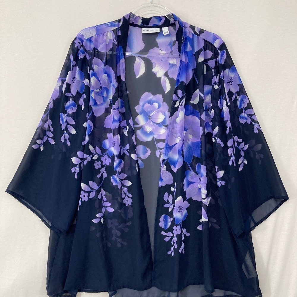 Susan Graver Kimono sz XL‎ Blue Purple Floral Sheer Chiffon Vacation Soft Flowy